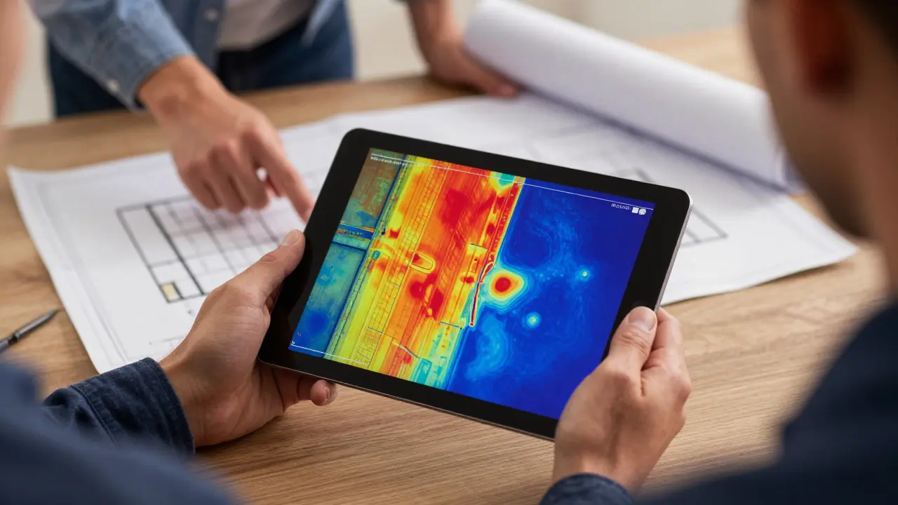 Energieberater prüft Thermografie auf Tablet vor Bauplan
