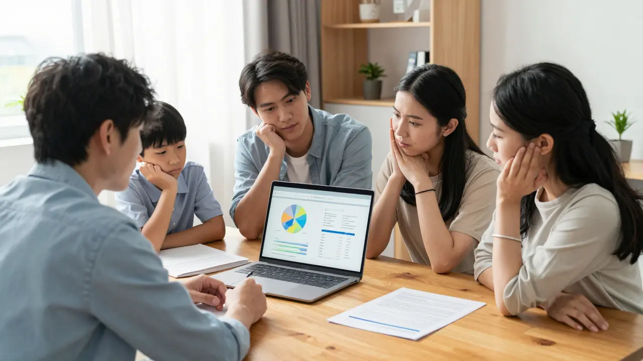 Familie bespricht Immobilienversicherung am Tisch
