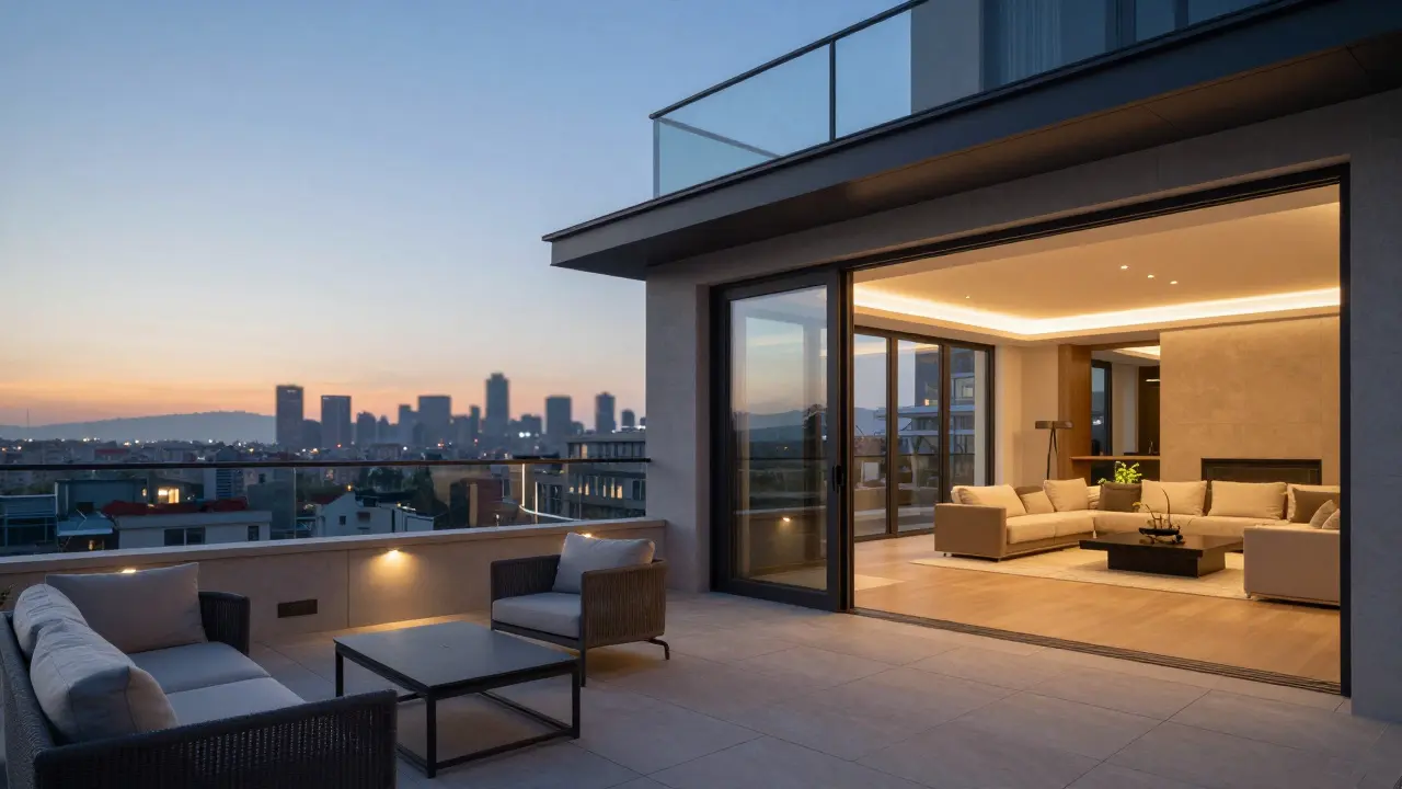 Fertige Penthouse-Terrasse bei Dämmerung mit Blick auf die Stadt