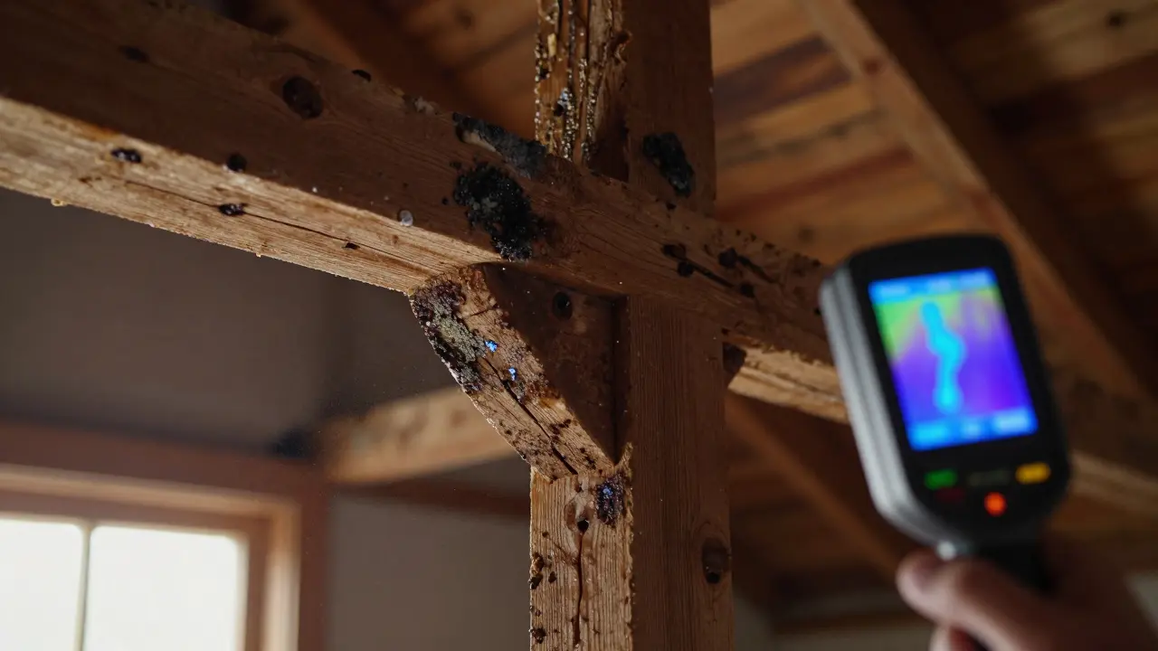 Feuchtigkeitsschäden an Holzbalken im Dachgeschoss mit Thermografie