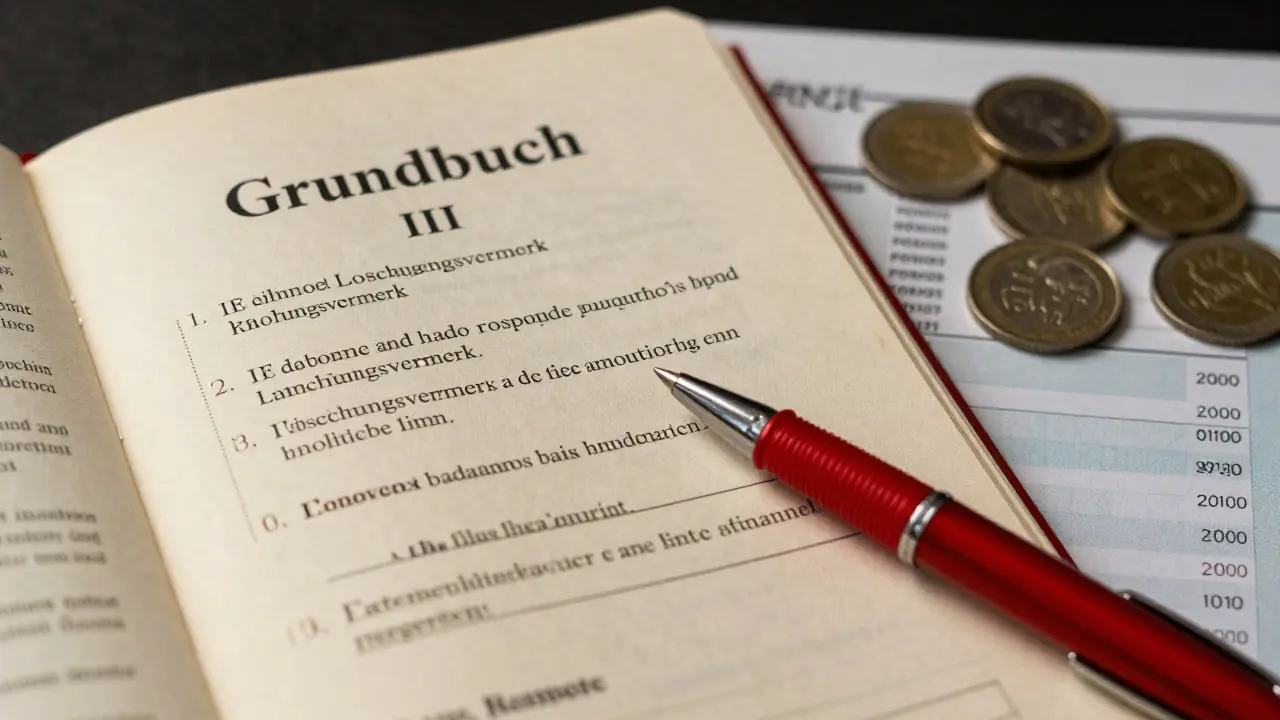 Grundbuch mit roter Markierung symbolisiert ungelöschte Grundschuld