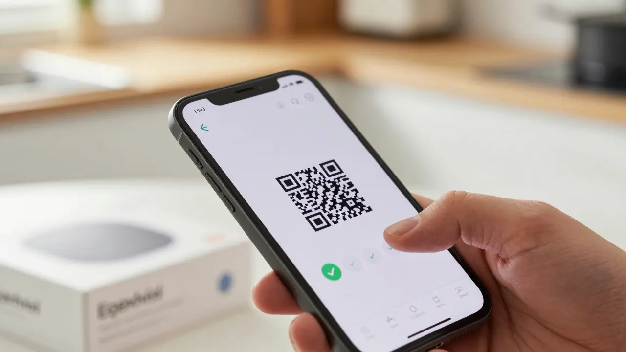 Hand scannt QR-Code für einfache Einrichtung von Matter-Smart-Gerät