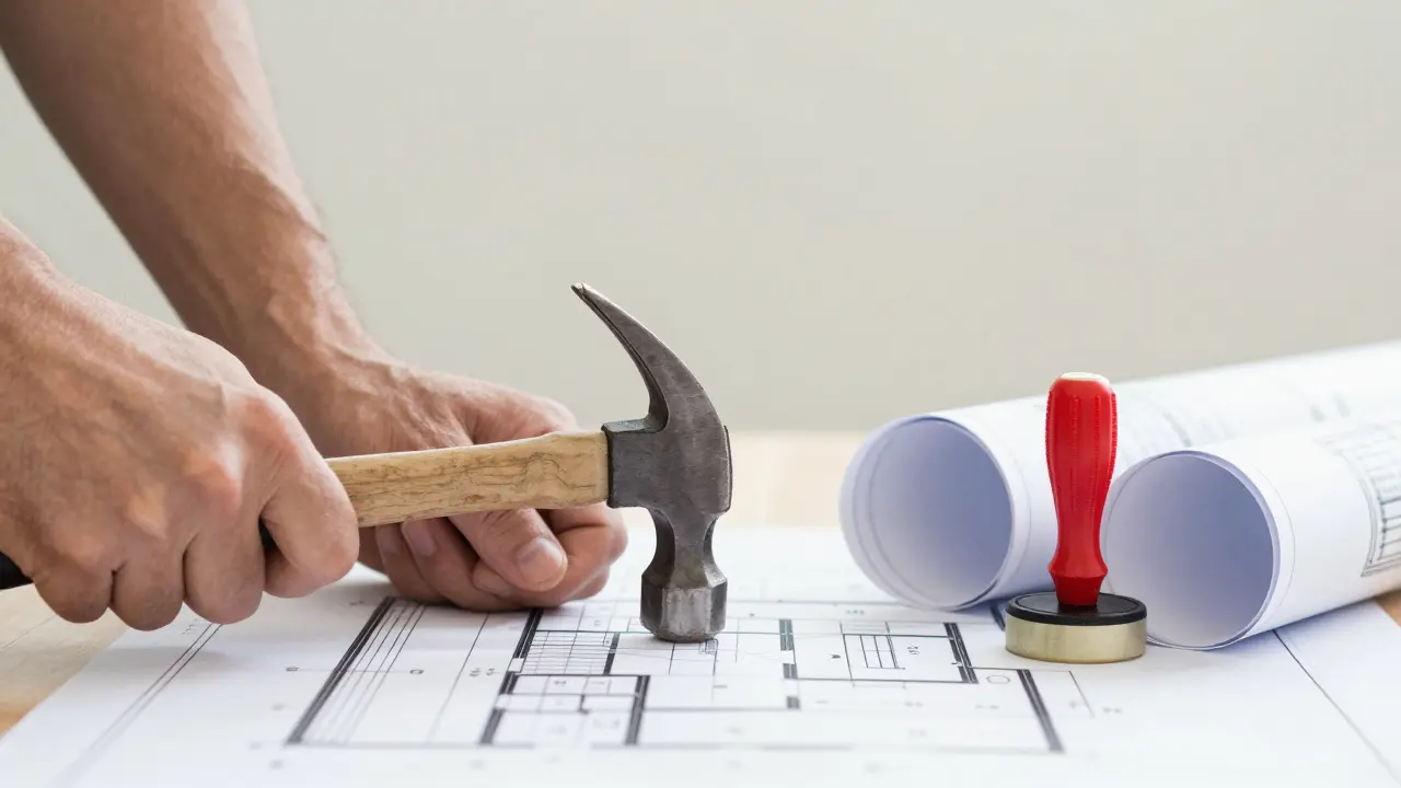 Hände mit Werkzeug neben Bauplan für DIY-Sanierung