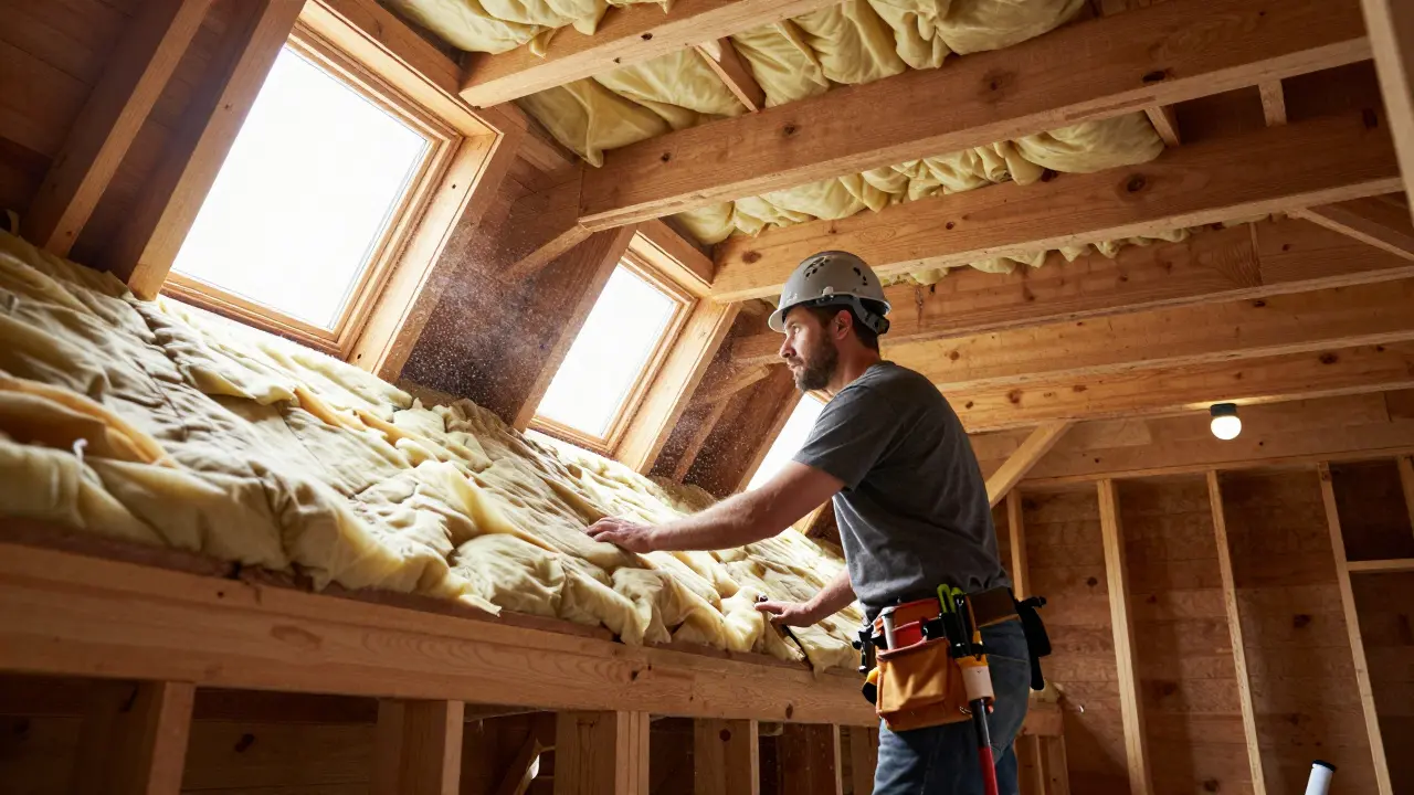 Handwerker prüft Dachdämmung im Dachboden