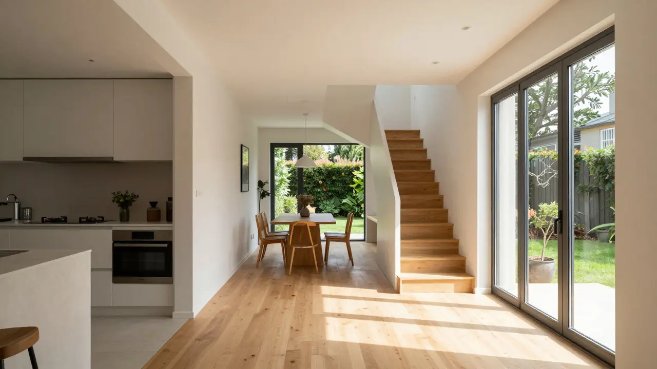 Heller offener Wohnbereich mit Blickachse zum Garten und integrierter Treppe