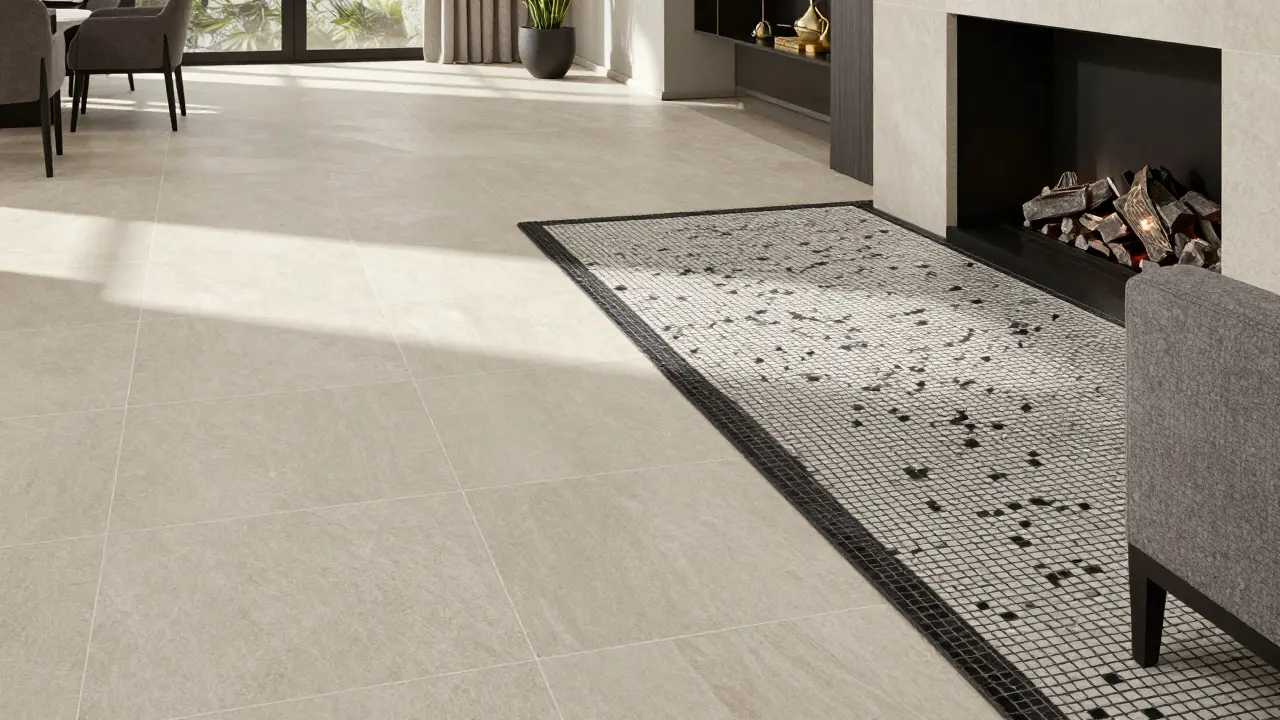 Hybrid-Boden mit Großformat und Mosaik-Akzent im Wohnzimmer