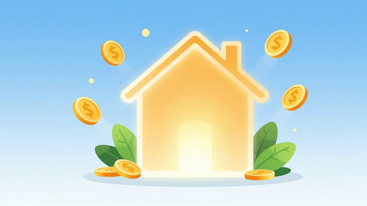 Illustration eines energieeffizienten Hauses mit Symbolen für Ersparnis
