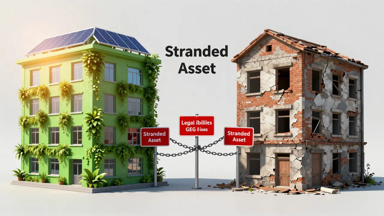 Kontrast zwischen einem grünen, effizienten Gebäude und einem verfallenen Stranded Asset mit Warnsymbolen.