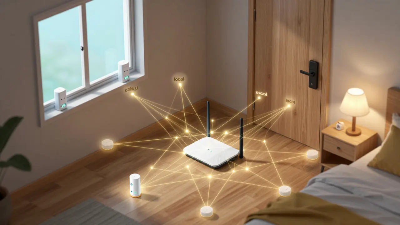 Konzeptionelle Darstellung eines lokalen Thread-Mesh-Netzwerks im Schlafzimmer