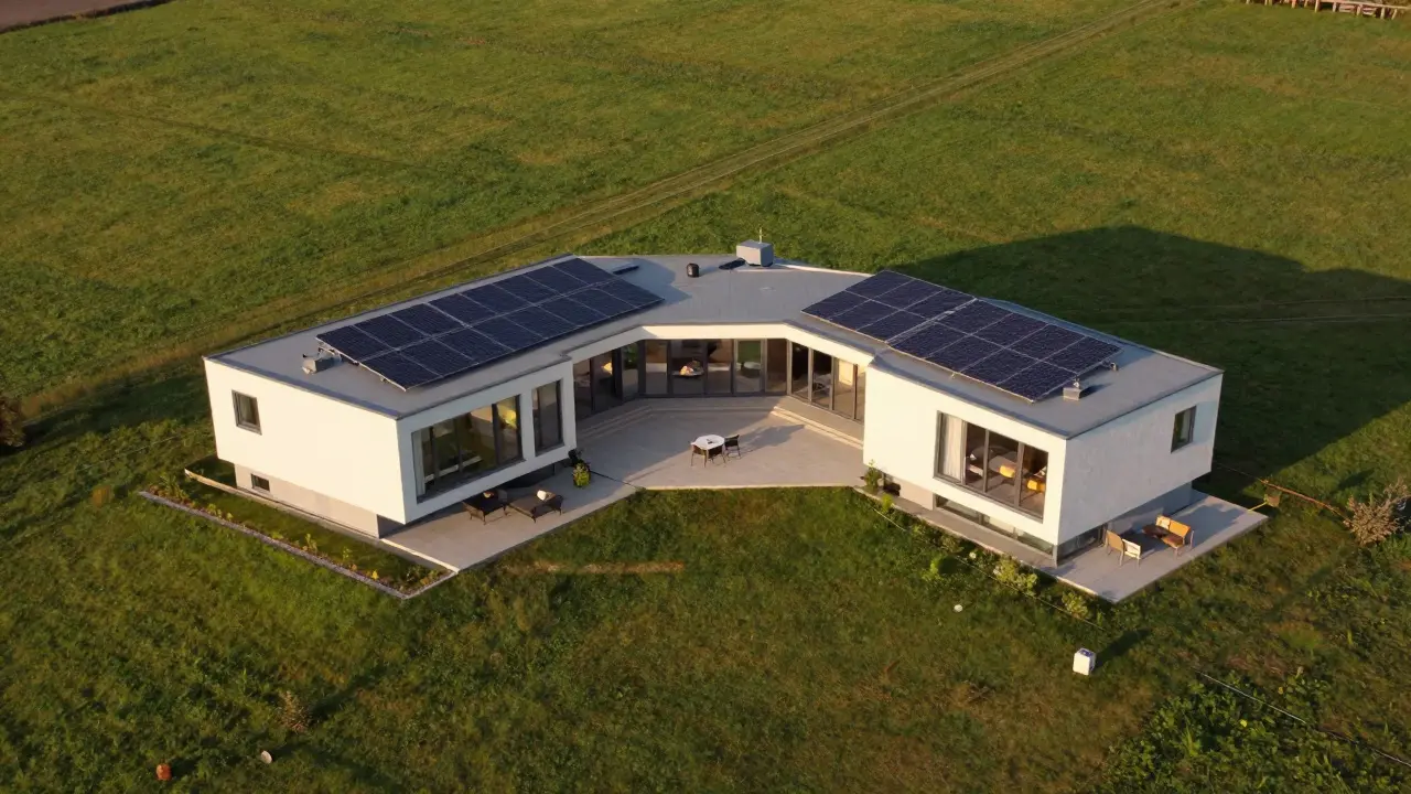 Luftaufnahme eines U-förmigen Bungalows mit PV-Anlage und Terrasse