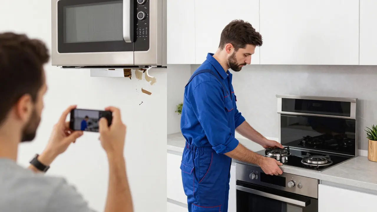 Mieter dokumentiert Schäden links, rechts wird eine moderne, energieeffiziente Küche installiert