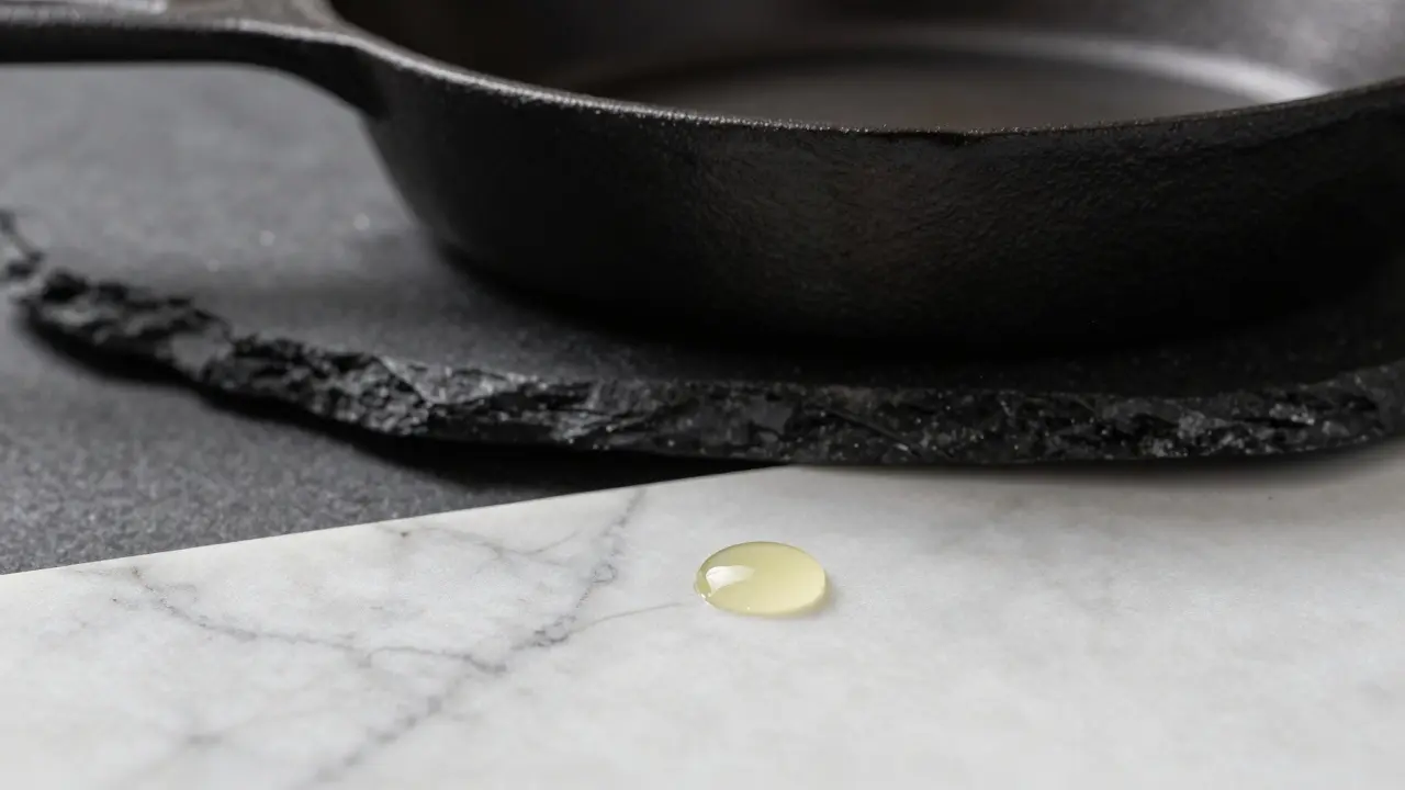Nahaufnahme: Zitronensaft-Fleck auf Marmor neben hitzebeständigem Basalt