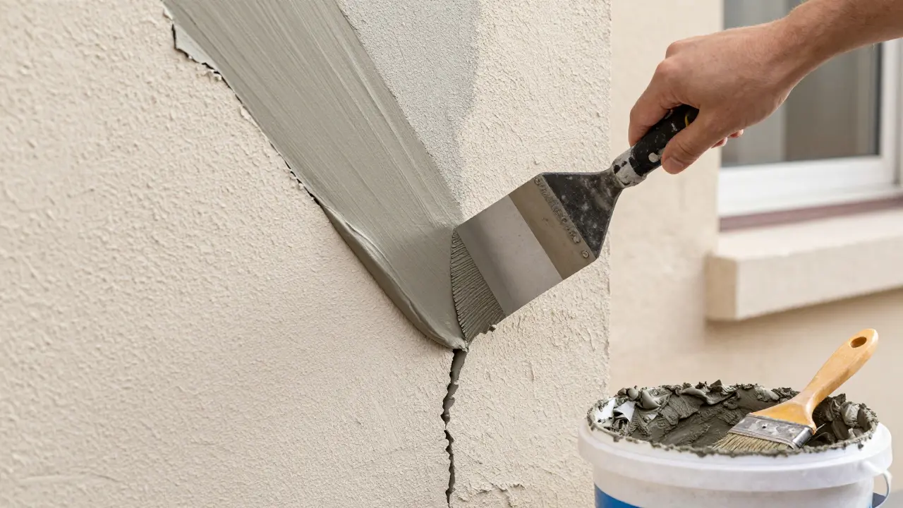 Reparaturmörtel wird mit Spachtel in Riss eingebracht