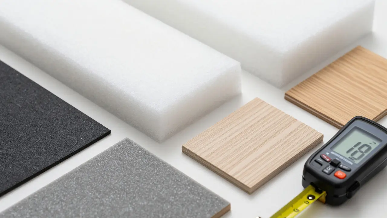 Schallschutzmaterialien und Messgeräte auf dem Tisch