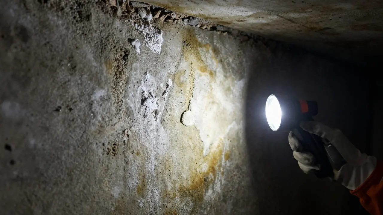Taschenlampe beleuchtet Feuchtigkeitsschäden im Keller