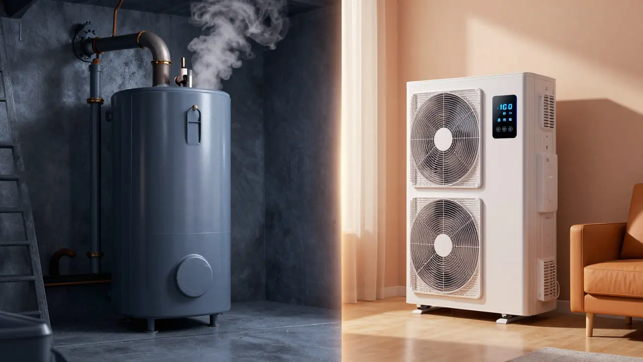 Vergleich alter Ölheizung und moderner Hybrid-Wärmepumpe