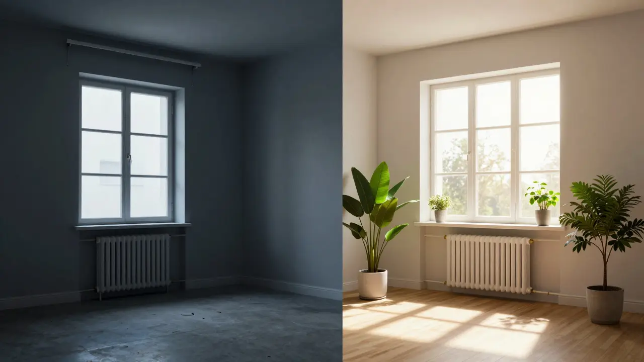Vorher-Nachher-Vergleich energetischer Sanierung eines Raums