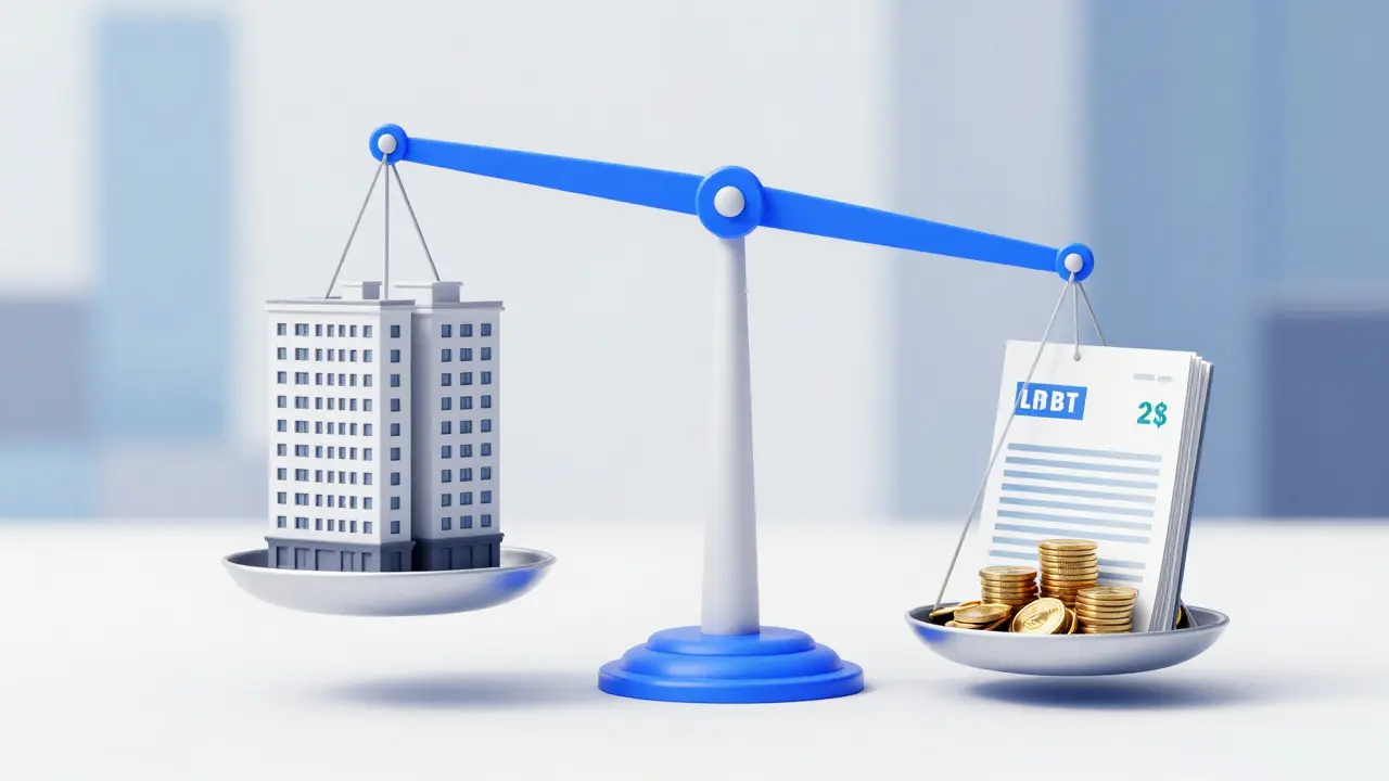 Waage mit Gebäude und Hebel, der Eigenkapital anhebt