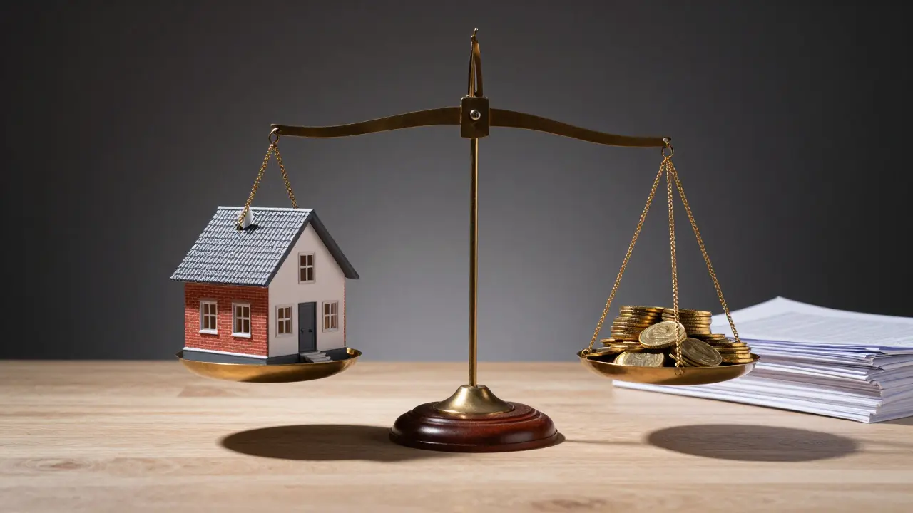 Wage mit Hausmodell und Münzen symbolisiert steuerliche Investitionsstrategie