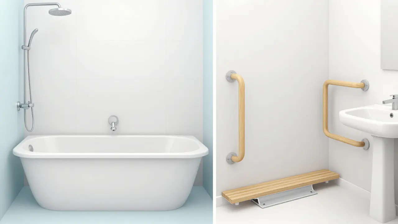 Bathroom accessibility retrofit with grab bars and ramp