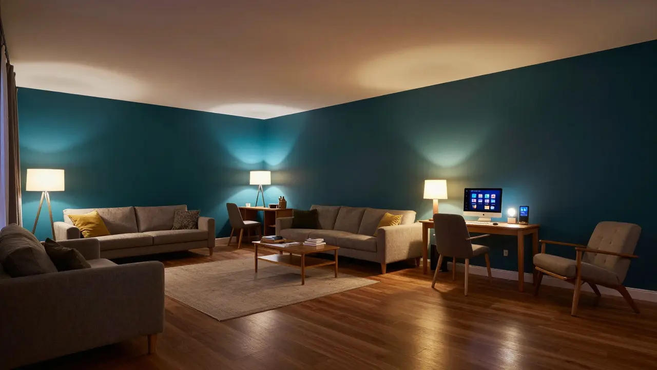 Geräumiges Wohnzimmer mit tiefen Farben und adaptiver Beleuchtung für verschiedene Tageszeiten