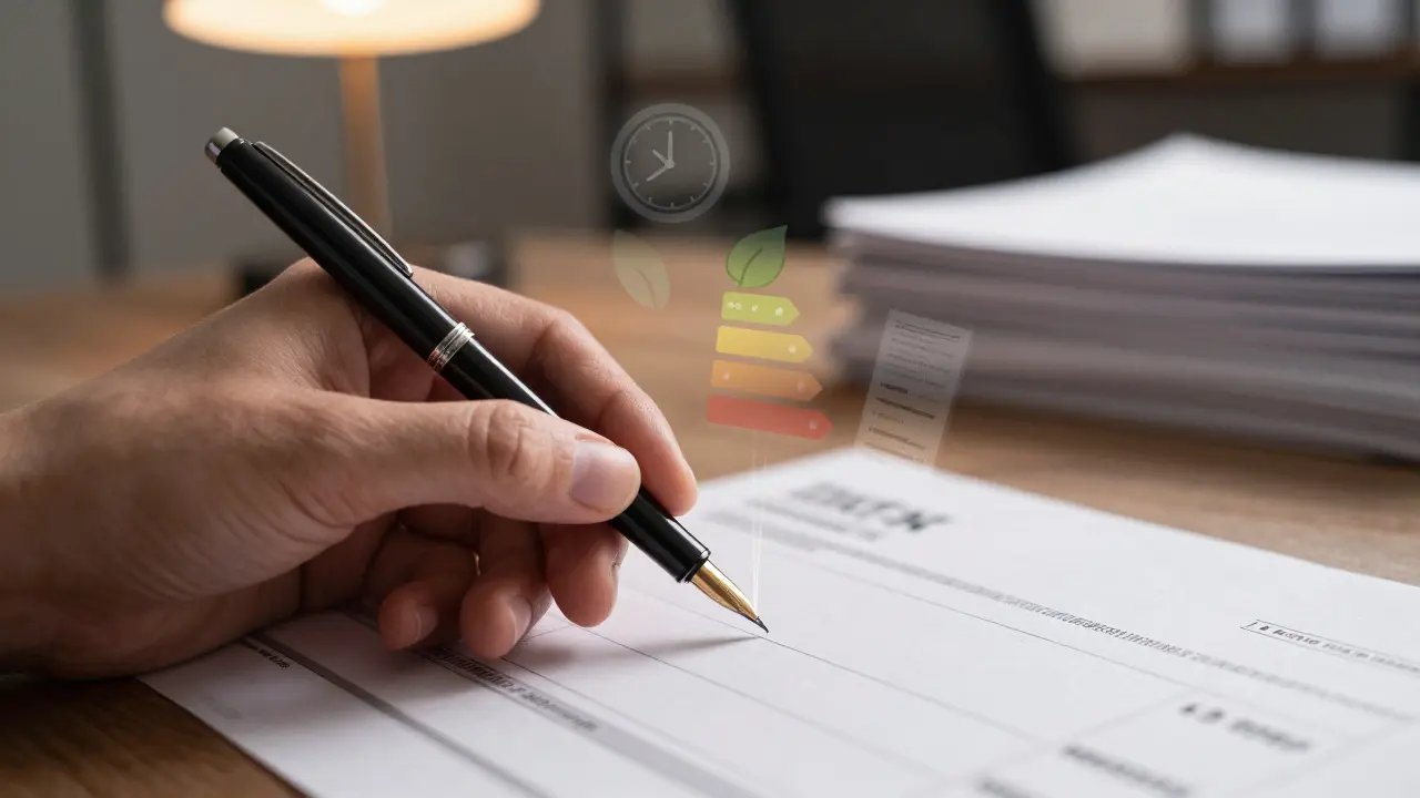 Hand mit Stift über Bankdokumenten, umgeben von Steuer- und Zeit-Symbolen