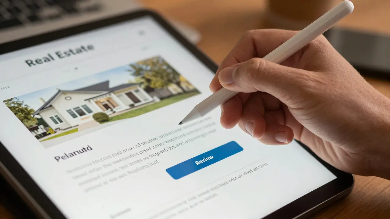 Hand prüft KI-generiertes Exposé auf Tablet zur Qualitätssicherung