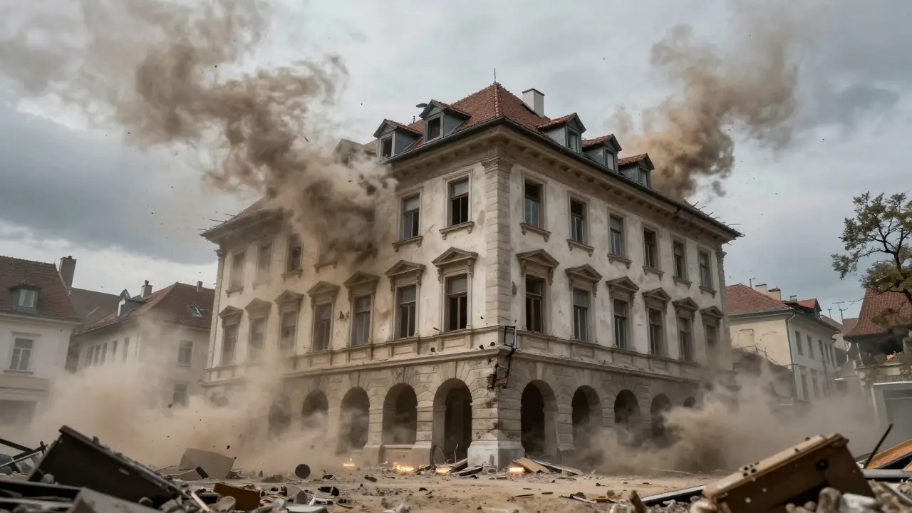 Historisches Haus steht stabil, während seismische Kräfte durch Dämpfungssysteme absorbiert werden.