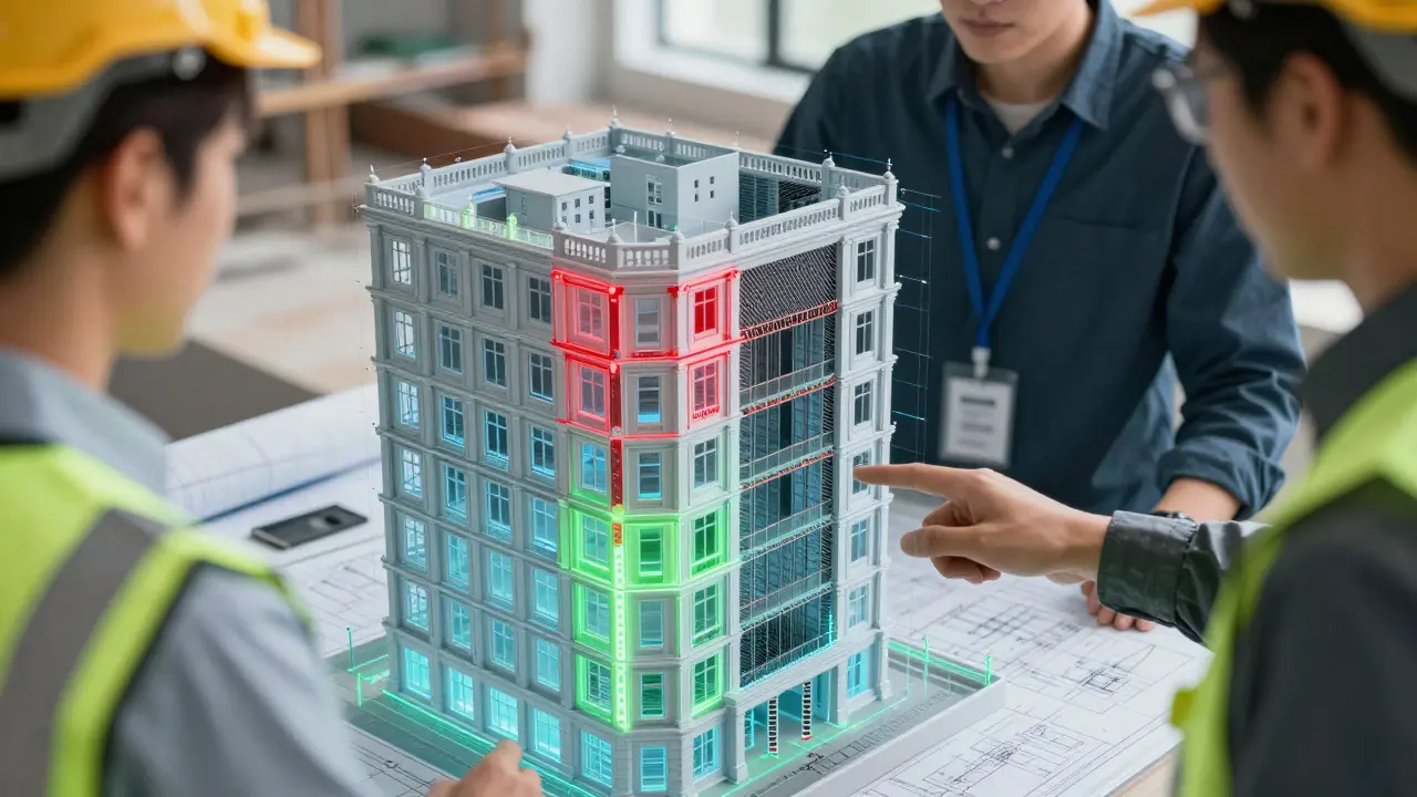 Ingenieure analysieren ein holografisches Digital-Twin-Modell eines Gebäudes zur Erdbebensicherung.