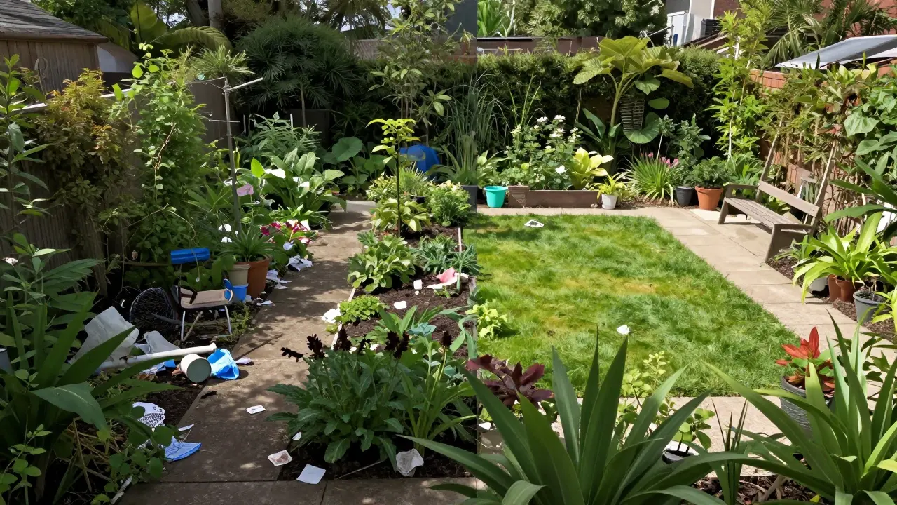 Kontrast zwischen chaotischem und geordnetem Gemeinschaftsgarten