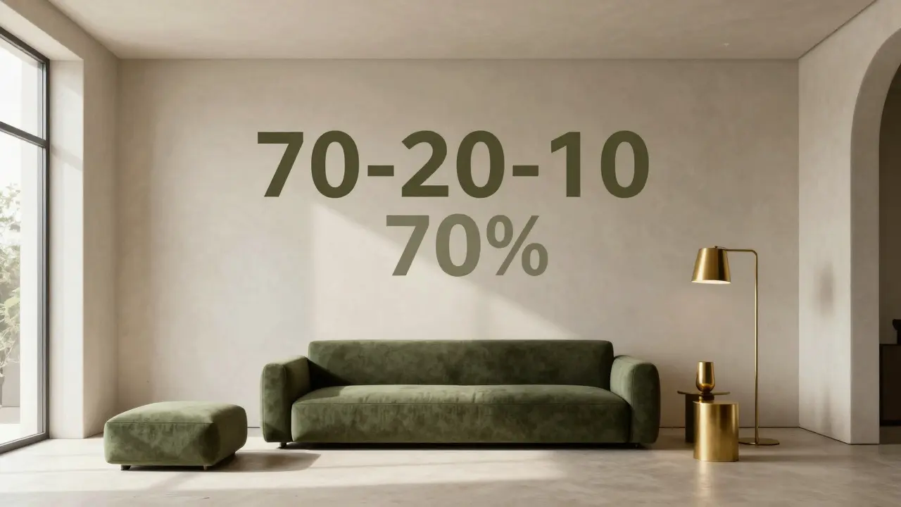 Minimalistisches Wohnzimmer im 70-20-10-Farbschema mit Beige, Grün und Messing-Akzenten