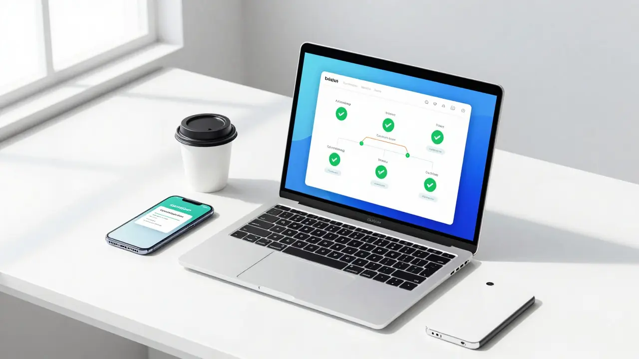 Moderner Schreibtisch mit Laptop und automatisiertem Buchungstool