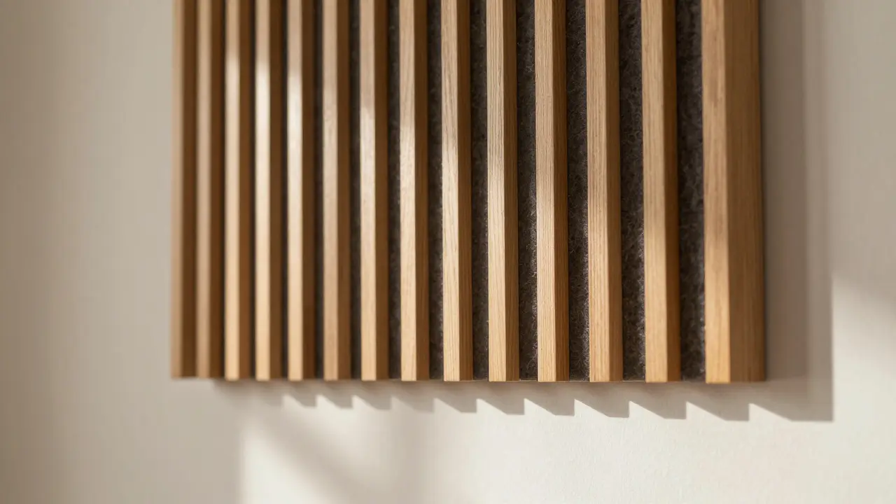 Nahaufnahme von holzverkleideten Akustikpaneelen an einer Wand