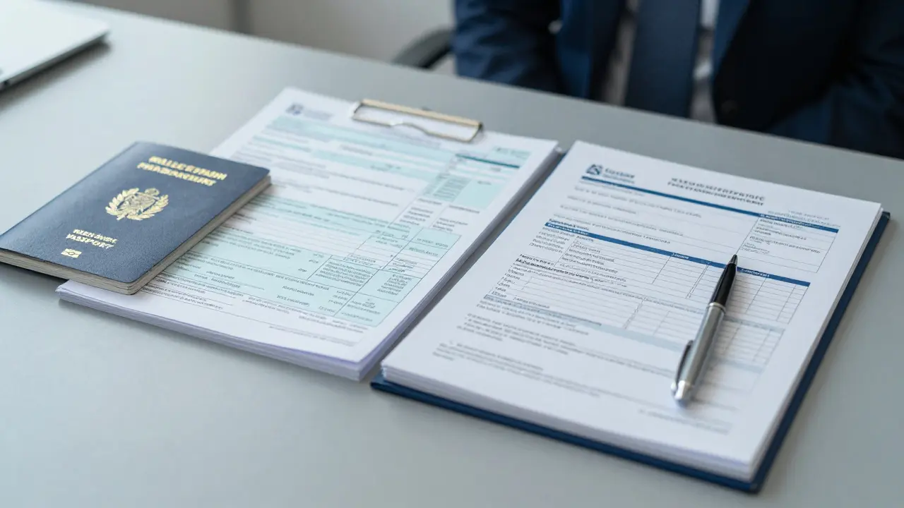 Ordentliche Stapel von Bankdokumenten und Pässen auf dem Schreibtisch