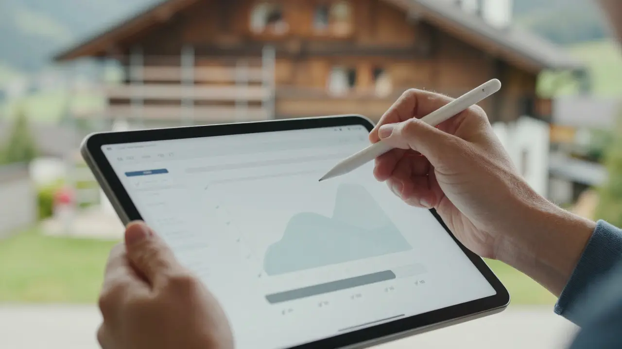 Person füllt digitalen Antrag für Heizungsförderung am Tablet aus