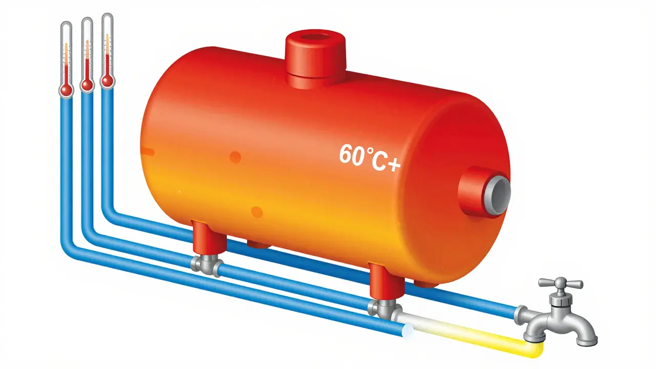 Schematische Darstellung der Warmwasserleitung mit Temperaturzonen