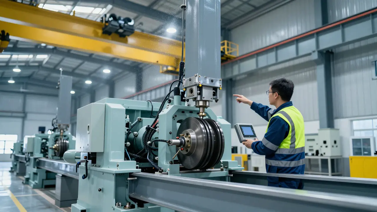 Technician upgrading industrial crane components in warehouse