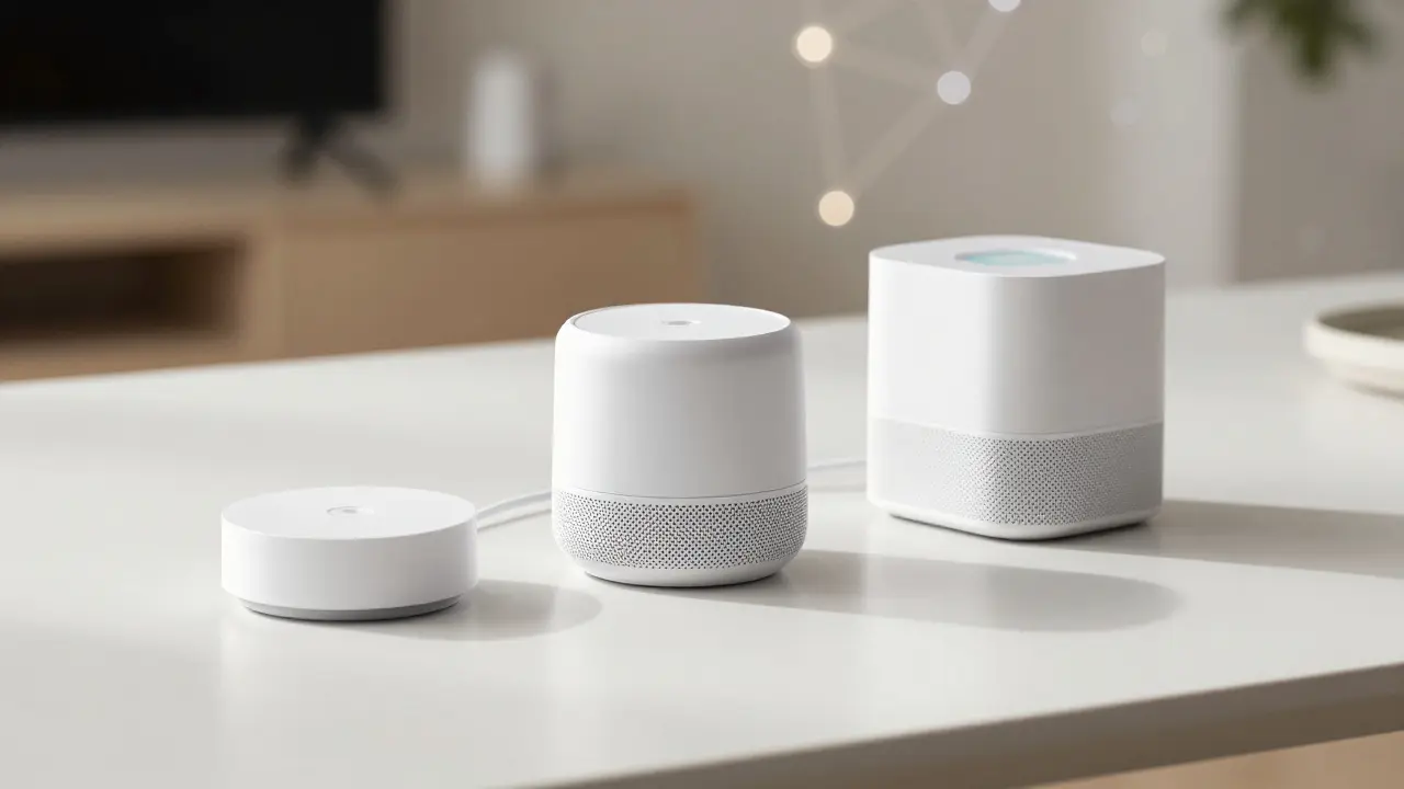 Three different types of smart home hubs arranged on a minimalist white table