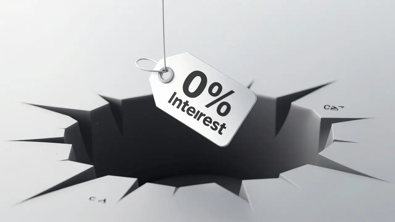 Verführerisches 0%-Schild über einer versteckten Schuldenfalle