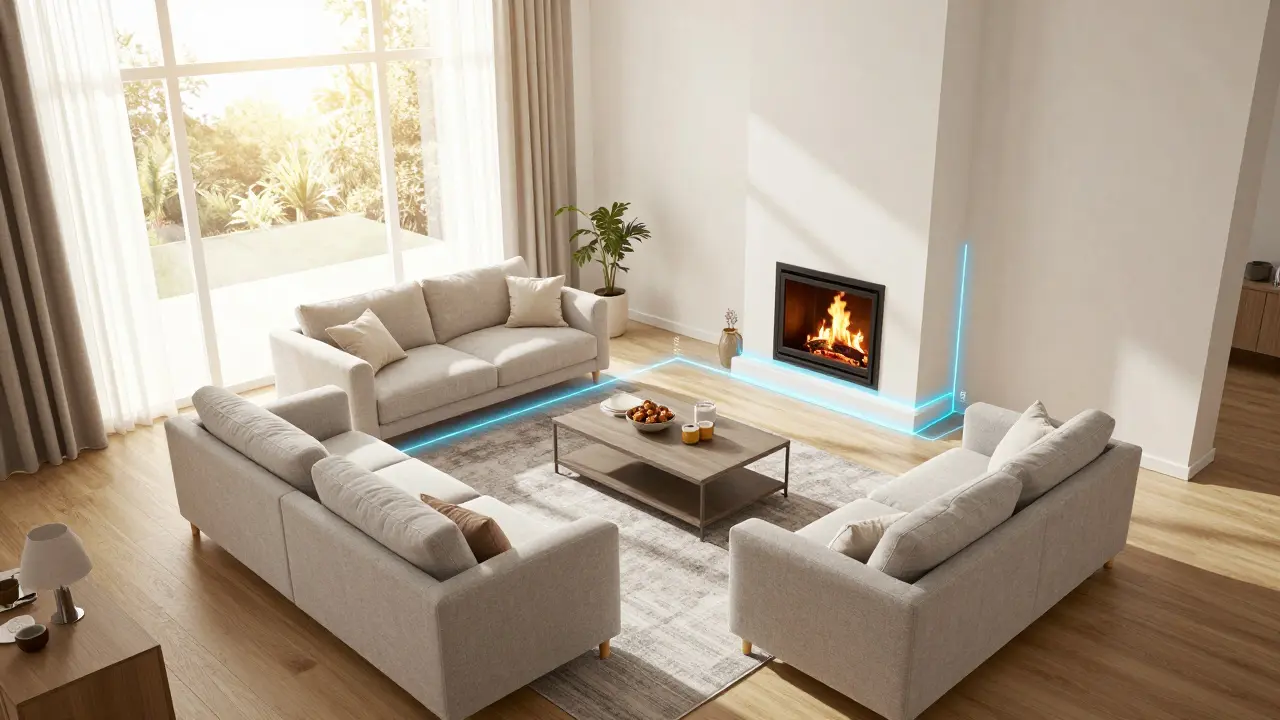 Vogelperspektive eines Wohnzimmers mit eingezeichneten Sicherheitsabständen