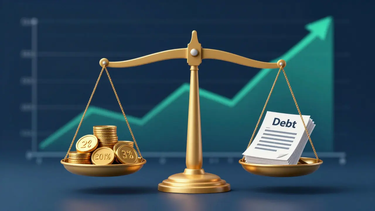 Waage mit Goldmünzen und Kreditdokumenten zeigt optimale Finanzbalance