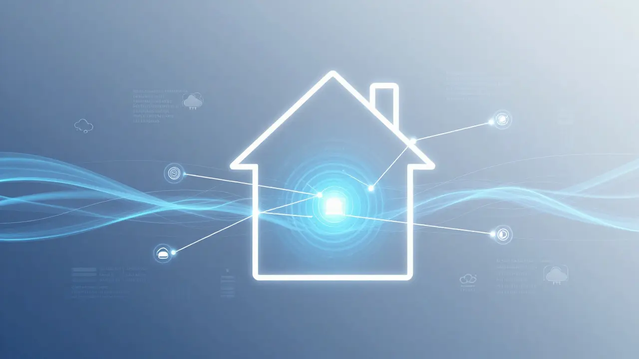 Abstrakte Darstellung von Smart-Home-Vernetzung und Datenaustausch