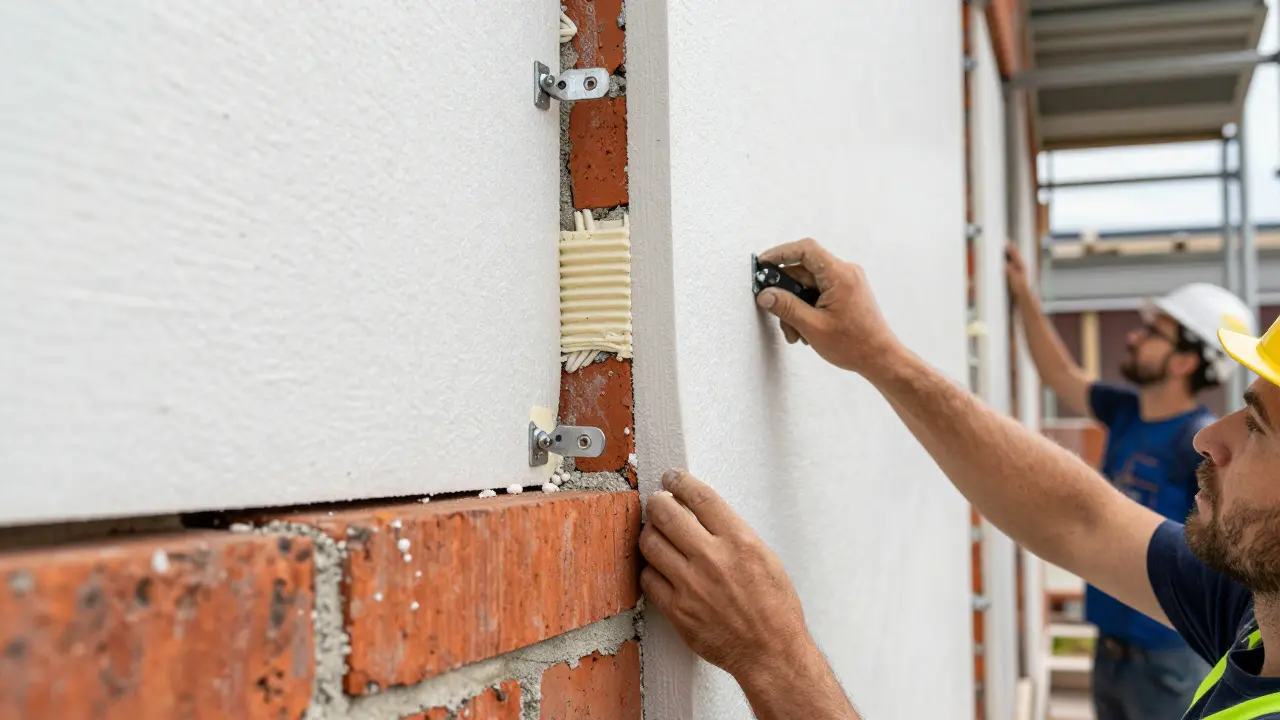 Arbeiter montieren Dämmplatten an einer Hauswand
