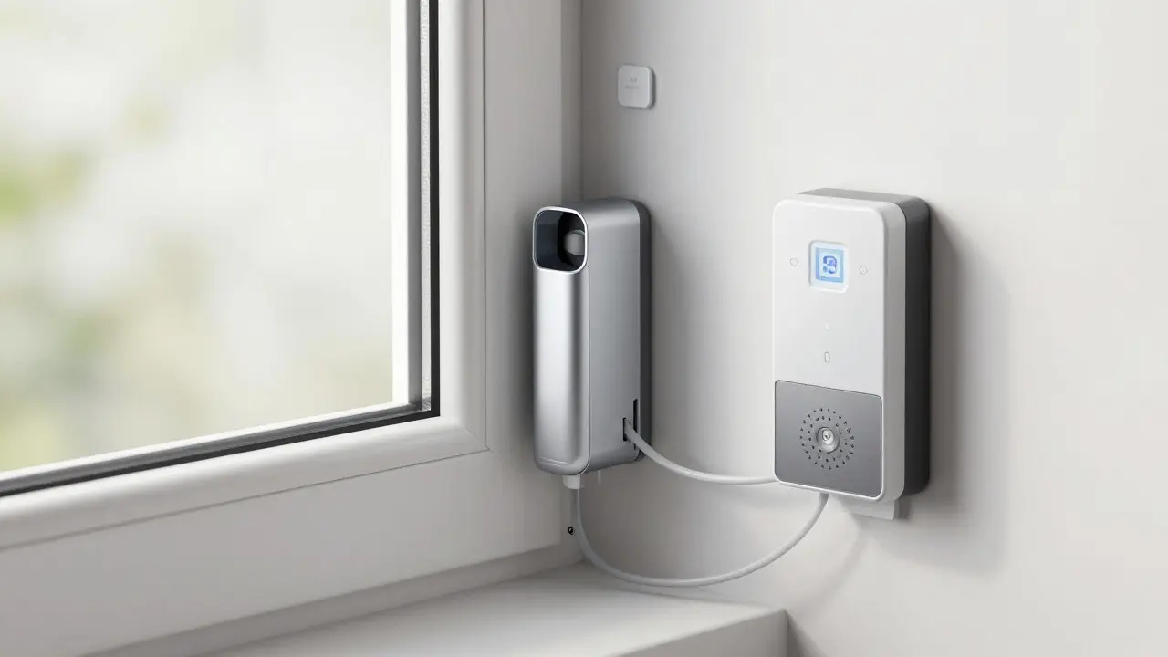 Automatisierter Fensteröffner und Sensoren an einem Kellerfenster montiert