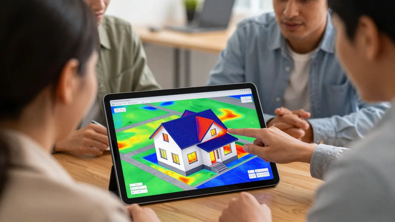 Energieberater erklärt Sanierungsplan am Tablet mit Wärmeverlustanalyse