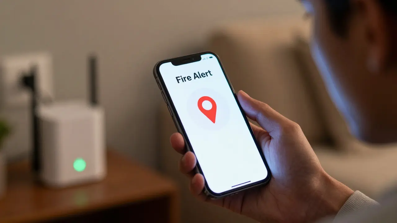 Hand hält Smartphone mit Brandwarnung-Benachrichtigung