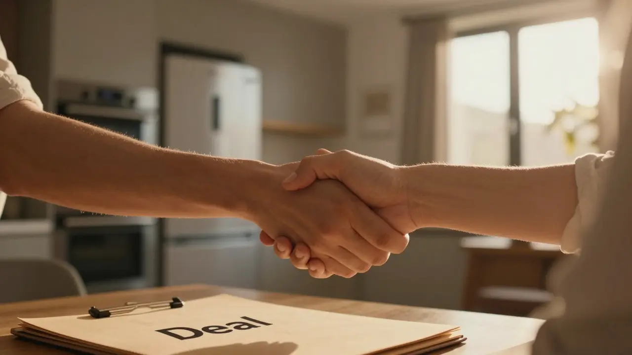 Handschlag über einem abgeschlossenen Immobilienvertrag