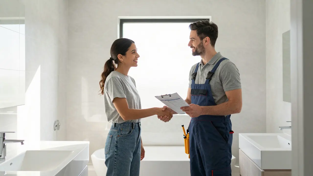 Hausherr und Handwerker bei Abnahme des Bades