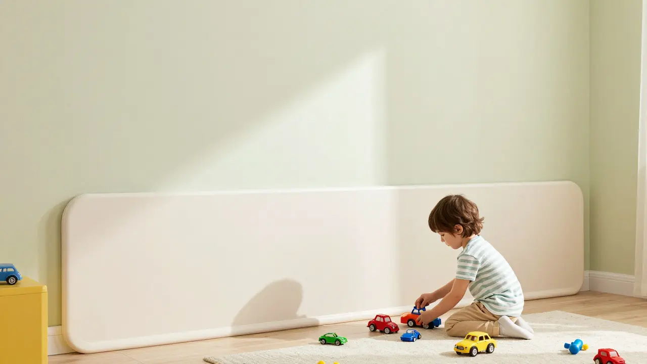 Kinderspielzeug neben sauberem Wandschutzprofil im Kinderzimmer