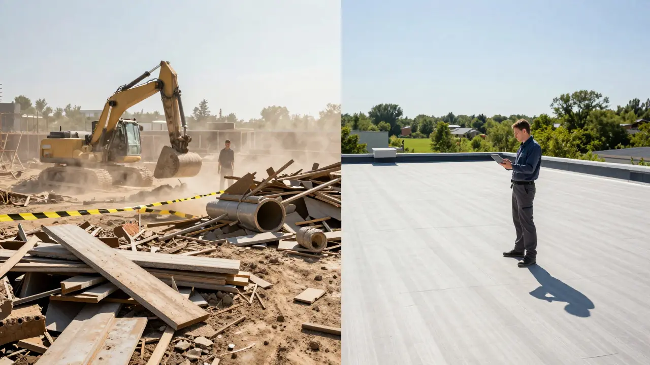 Kontrast zwischen teurem Dachabriss und schneller Dachregeneration
